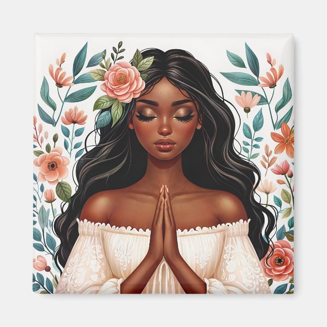 Imán Mujer afroamericana rezando arte floral (Frente)