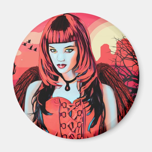 Imán Mujer Ángel Gótico Rojo En Arte Original Del Desie (Frente)