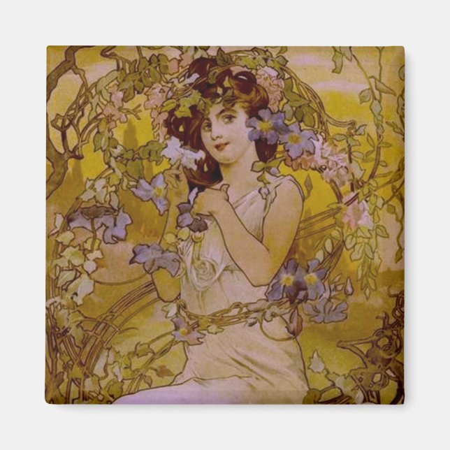 Imán Mujer Art Nouveau con clematis (Frente)