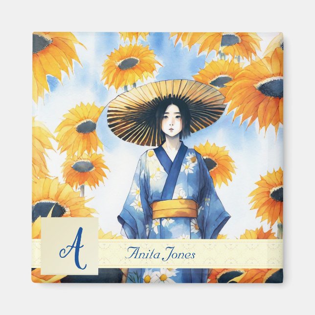 Imán Mujer asiática con girasoles (Frente)