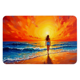 Imán Mujer caminando por la playa del océano al atardec