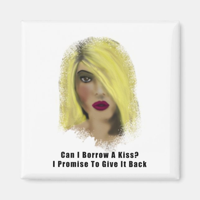 Imán Mujer con bomba rubia pide prestado un beso (Frente)