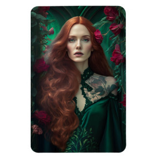 Imán Mujer De Cabello Rojo Con Vestido Verde Esmeralda.