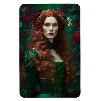 Imán Mujer De Cabello Rojo Con Vestido Verde Esmeralda.