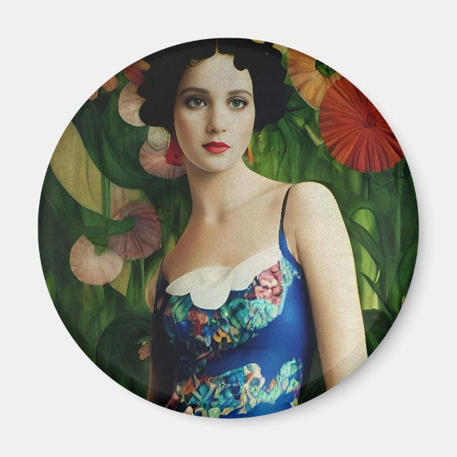 Imán Mujer de estilo Art Déco elegante con grandes flor (Frente)