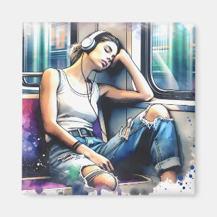 Imán Mujer durmiendo en el metro escuchando música
