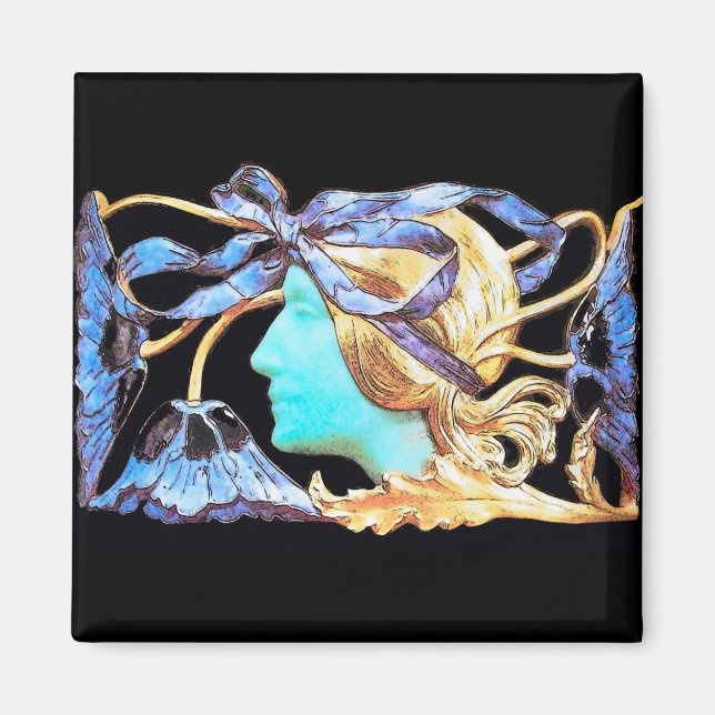 IMÁN MUJER ELEGANTE BELLEZA JOYA /SEÑORA,LAZO AZUL,FLOR (Frente)