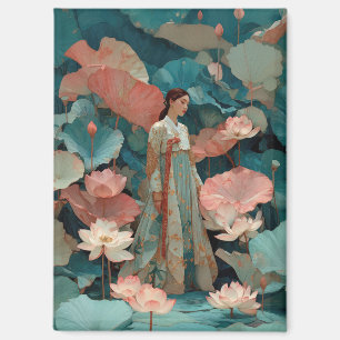 Imán Mujer elegante con Hanbok en jardín de loto rosa