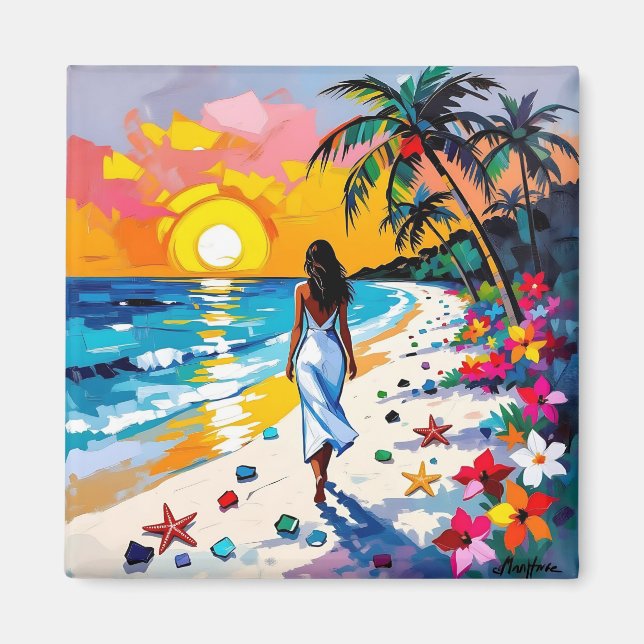 Imán Mujer en Escena Tropical de Playa (Frente)
