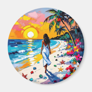 Imán Mujer en Escena Tropical de Playa
