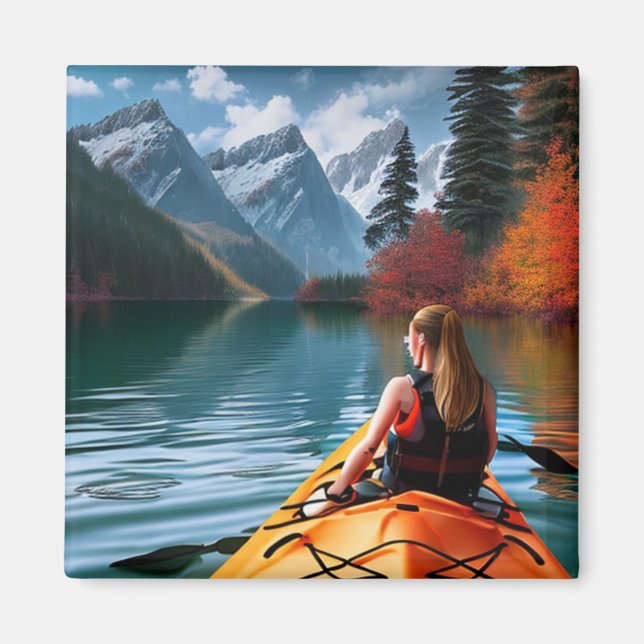 Imán Mujer en Kayak flotando por el hermoso lago (Frente)