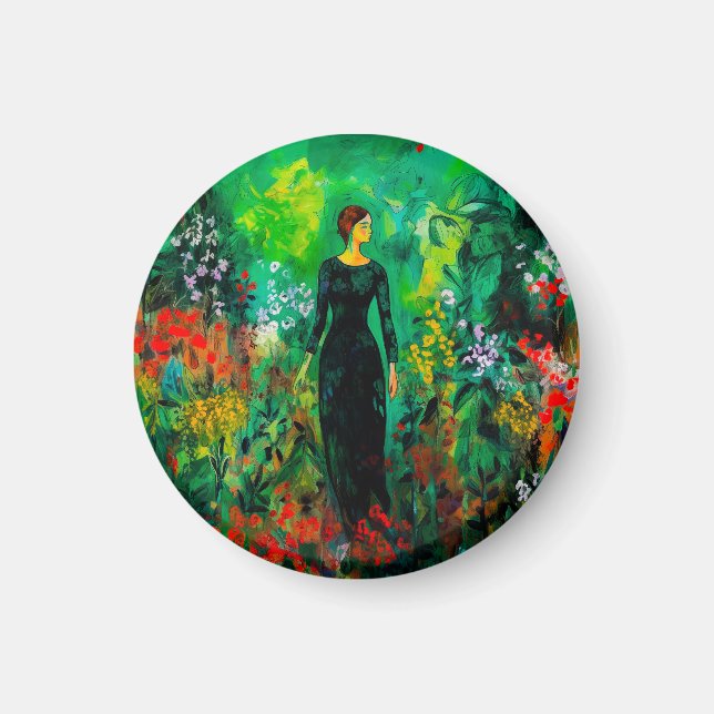 Imán Mujer en la hermosa pradera verde (Frente)