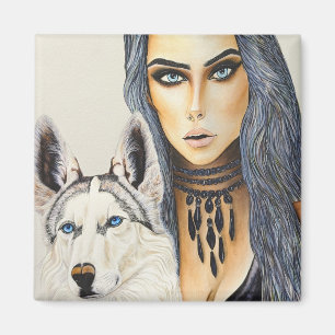 Imán Mujer Glam Moderna & Perro Lobo Husky
