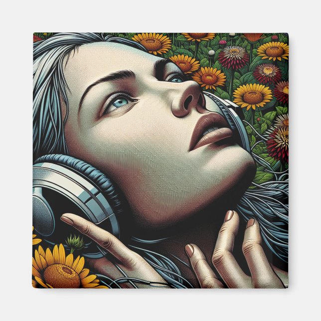 Imán Mujer hermosa con audífonos en girasoles (Frente)