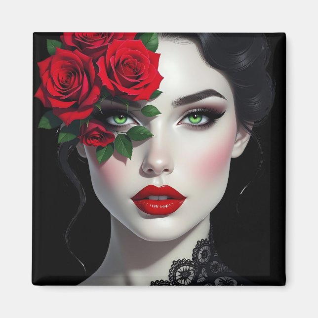 Imán Mujer Hermosa con Rosa Roja (Frente)