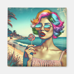 Imán Mujer Hermosa del Arte Pop Retro con Piruleta