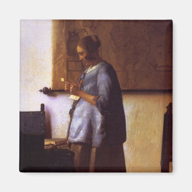 Imán Mujer leyendo una carta en azul (Frente)