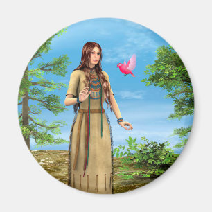 Imán Mujer Nativa Americana Arte de Bosque y Pájaro