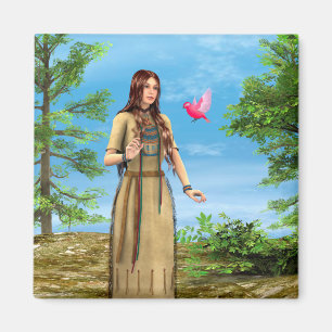 Imán Mujer Nativa Americana Arte de Bosque y Pájaro