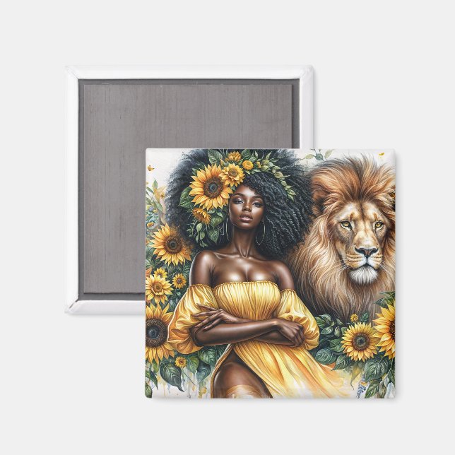 Imán Mujer negra girasol con arte León León (Anverso/Reverso)