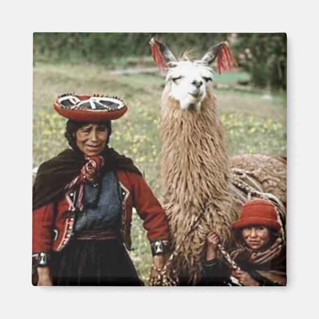 Imán Mujer quechua con dos llamas foto (Frente)