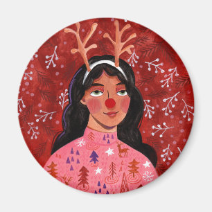 Imán Mujer reno de Navidad roja