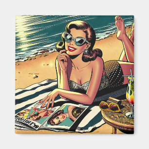 Imán Mujer retro en la playa leyendo una revista de mod