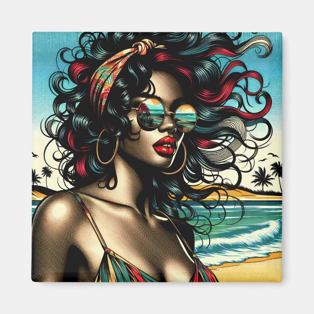 Imán Mujer Retro en Playa Estilo Cómic Pop Art (Frente)