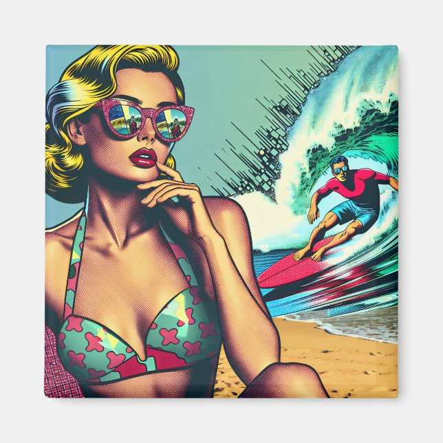 Imán Mujer retro rubia y hombre surfista (Frente)