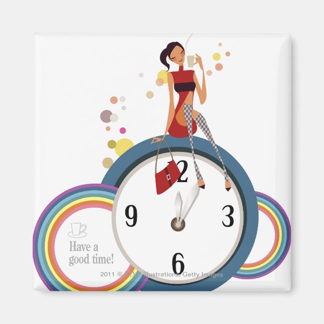 Imán Mujer sentada en un reloj y sosteniendo una taza d (Frente)