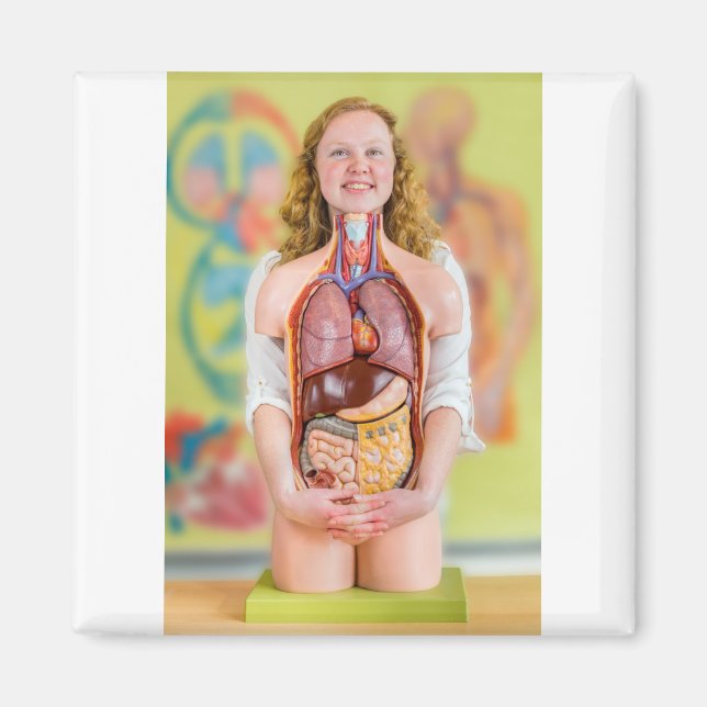 Imán Mujer sosteniendo cuerpo humano con órganos intern (Frente)