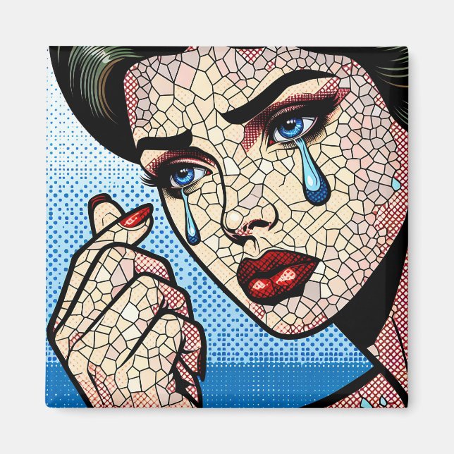 Imán Mujer triste de arte pop cómico con lágrimas (Frente)