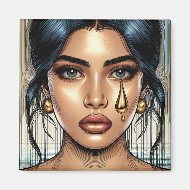 Imán Mujer Triste Hermosa con Lágrima de Oro (Frente)