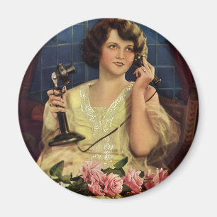 Imán Mujer Vintage hablando por teléfono Flores de Rosa