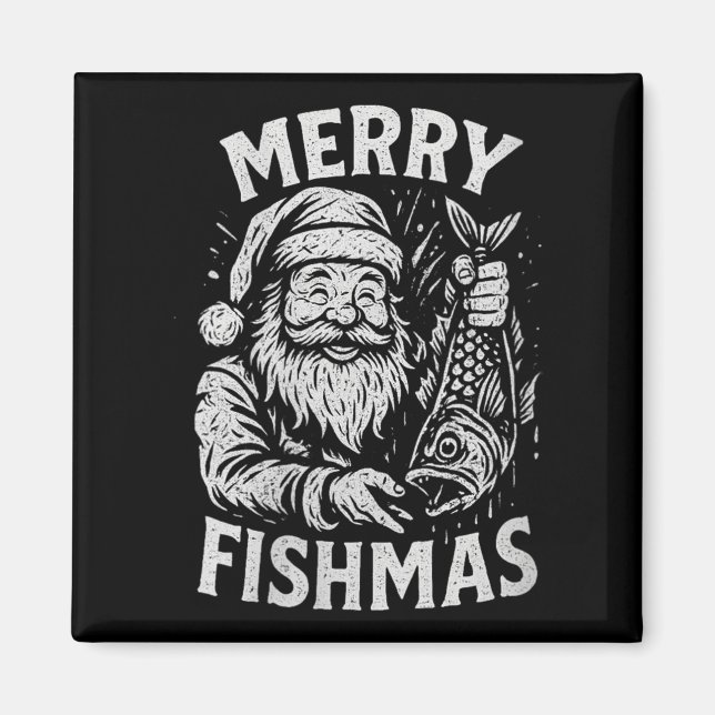 Imán Mujeres Feliz Pescado Navidad Vintage Santa Pesca  (Frente)
