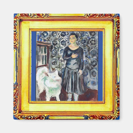 Imán Munch, mujer y perro blanco