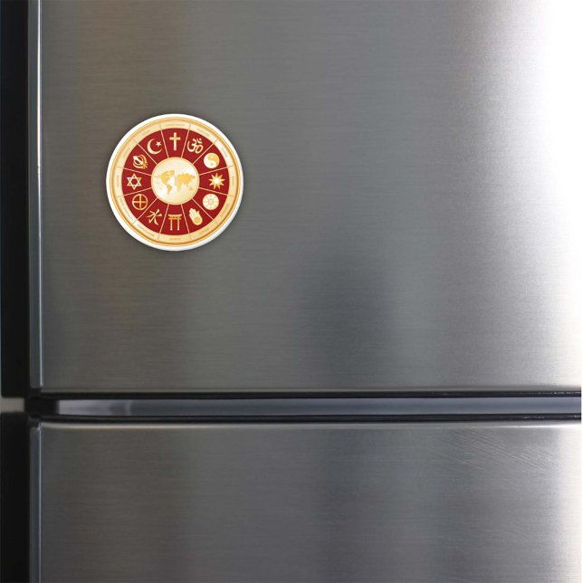 Imán Mundo de fe (World of Faith Magnet. Gold symbols of international religions surround a world map. )