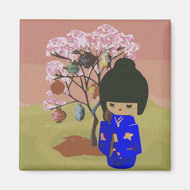 Imán Muñeca cute kokeshi con árbol de flores de cerezo (Frente)