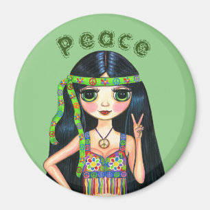 Imán Muñeca Hippie de los 60 con Signo de Paz Linda