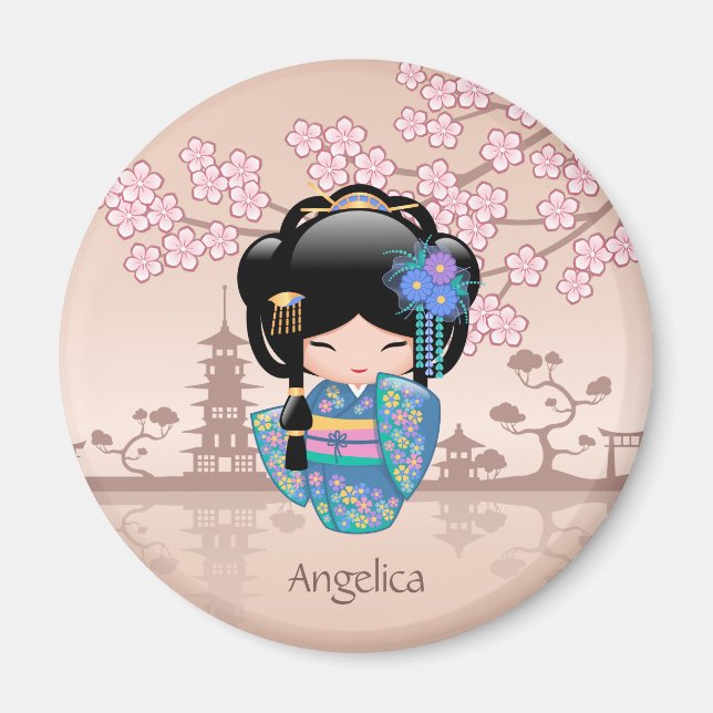 Imán Muñeca Keiko Kokeshi - Chica de Kimono azul Geisha (Frente)