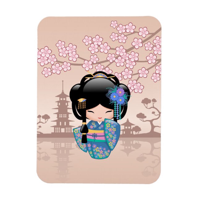 Imán Muñeca Keiko Kokeshi - Chica de Kimono azul Geisha (Vertical)