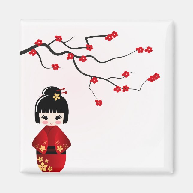 Imán muñeca Kokeshi bajo rama de sakura (Frente)