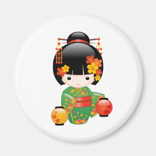 Imán Muñeca Kokeshi Caída - Chica de Kimono Verde Geish