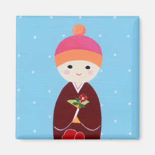 Imán Muñeca Kokeshi con camellia