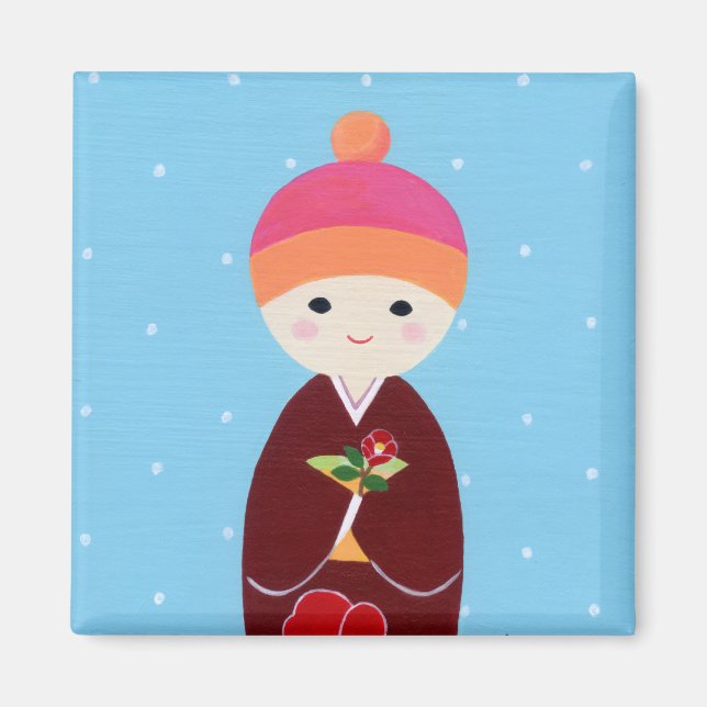 Imán Muñeca Kokeshi con camellia (Frente)