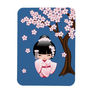 Imán Muñeca Kokeshi de Kimono Rosa sobre Azul