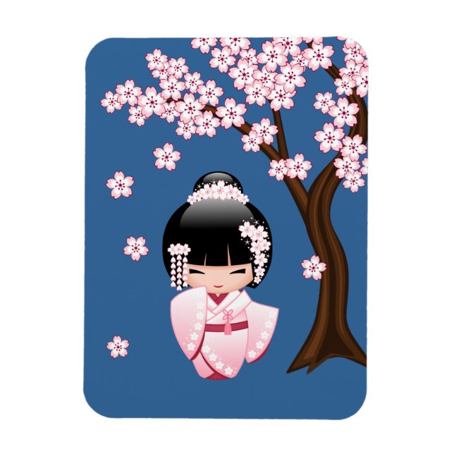 Imán Muñeca Kokeshi de Kimono Rosa sobre Azul (Vertical)