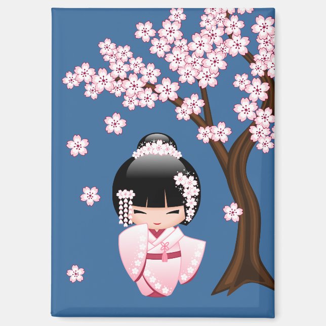 Imán Muñeca Kokeshi de Kimono Rosa sobre Azul (Anverso)