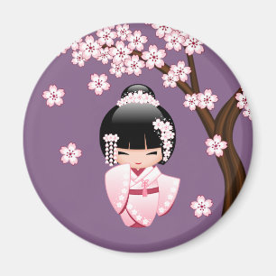 Imán Muñeca Kokeshi de Kimono Rosa sobre Fondo Redondo