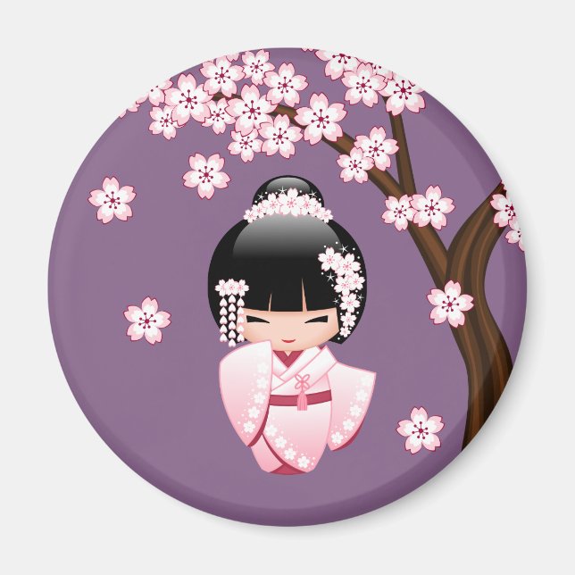 Imán Muñeca Kokeshi de Kimono Rosa sobre Fondo Redondo  (Frente)